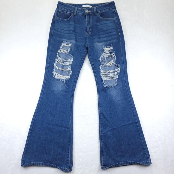 Misslook Jeans Womens Small Flare Distressed Blue Denim Pants 29x30 - Picture 2 of 8
